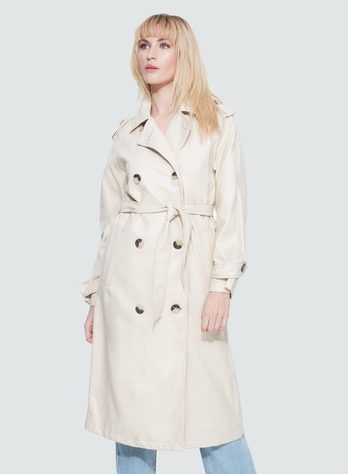 Faux Leather Double Breasted Trench Coat