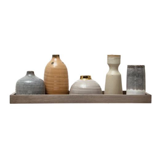 Wood Tray w/Vases and Candle Holder