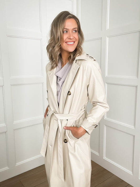 Faux Leather Double Breasted Trench Coat